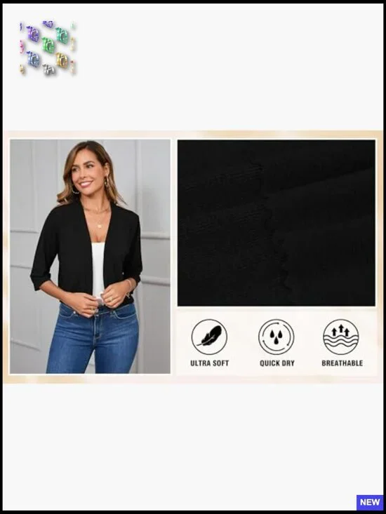 Lightweight Cropped Cardigan 3/4 Sleeve Open Front Shrug Chic Loose Fit - Picture 5 of 5